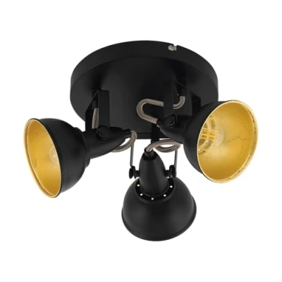Abbildung von EGLO Deckenstrahler Thornton, Deckenlampe mit 3 Spots, Vintage Deckenleuchte Wohnzimmer, Retro Lampe Decke, Wohnzimmerlampe aus Metall in Schwarz Gold, E14 Fassung, Ø 21 cm