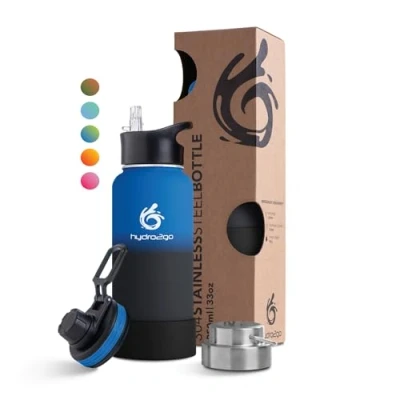 Abbildung von hydro2go ® Trinkflasche aus Edelstahl 1000 ml / 1 Liter für Kinder, Schule, Sport, Fitness &amp; Outdoor Edelstahlflasche BPA frei + 3 Trinkverschlüsse 100% Auslaufsicher (Space, ml)