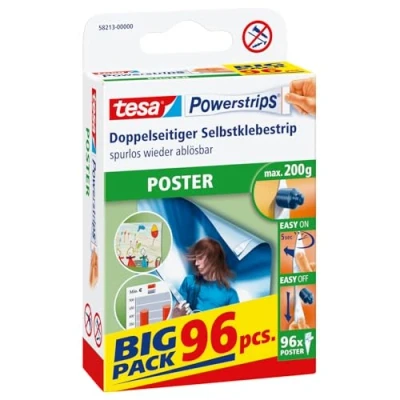 Abbildung von tesa Powerstrips Poster Big Pack Doppelseitige Klebestreifen für und Plakate Selbstklebend spurlos wieder ablösbar Bis zu 200 g Halteleistung 96 Stück