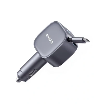 Abbildung von Anker USB C Kfz Ladegerät, 75W Max. Ultra kompaktes Typ Schnellladegerät, Integriertes einziehbares Kabel, Autonetzteil für iPhone 16/15 Serie, MacBook Pro/Air, iPad, Galaxy, AirPods