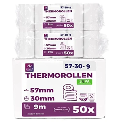 Abbildung von Ec Cash Thermorollen 57mm x 9m 12mm Kassenrollen Thermopapier Bonrollen für Bankomat Kredit Kartenlesegeräte (57x30x12) mit SEPA Lastschrifttext (50 Rollen)