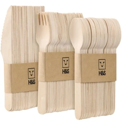 Abbildung von H&amp;S Einweg Holzbesteck Set 150 Stück Bio Party Besteck Je 50 Löffel Messer Gabeln Cutlery Einwegbesteck stabil Holzlöffel und Gabel Holzgabeln