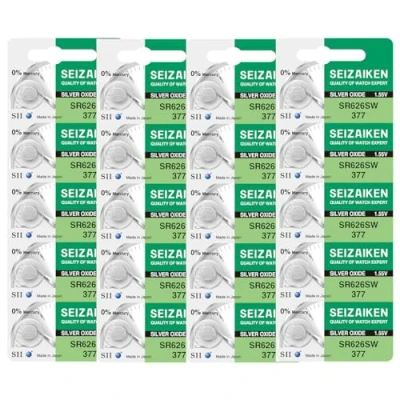 Abbildung von 20x Knopfzellen Original SEIZAIKEN 377, SR626SW, 1.55 V, Uhrenbatterien Akku Silberoxid, 0% Quecksilber, 100% Made in Japan