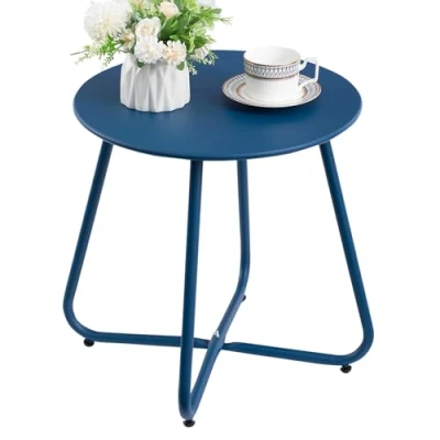 Abbildung von HollyHOME Beistelltisch Outdoor Balkontisch Klein Gartentisch Rund Metall Wetterfest Loungetisch Couchtisch für Patio Terrasse Wohnzimmer, Navy Blau