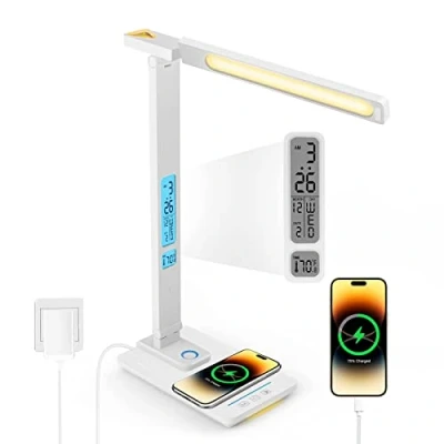Abbildung von Schreibtischlampe LED Dimmbar mit Ladefunktion Uhr Tischlampe Nachtlicht 10W Kabellosem Ladegerät, USB Ladeanschluss Klappbare Schreibtisch Lampe
