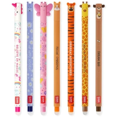 Abbildung von LEGAMI Set mit 7 radierbaren Gelstiften thermoempfindlicher Radiertinte, verschiedene Tintenfarben und Schaftdesigns, 0,7 mm Spitze, Einhorn, Nilpferd, Schmetterling, Corgi, Tiger, Giraffe,