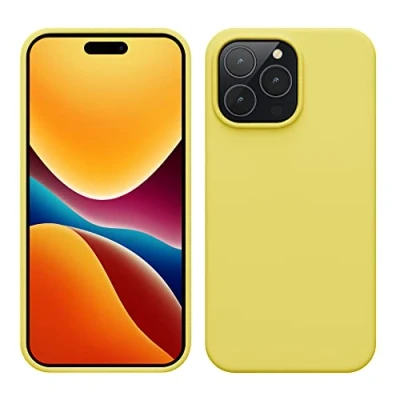 Abbildung von kwmobile Hülle für das iPhone 14 Pro Max dünnes Silikon Handy Case stoßfeste Handyhülle mit weicher Oberfläche unterstützt kabelloses Laden Zitronengelb