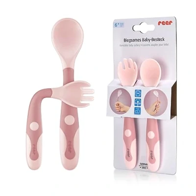 Abbildung von Biegsames Baby und Kinder Besteckset, 2 teiliges Lernbesteck, Löffel Gabel, Erstausstattung, Rosa
