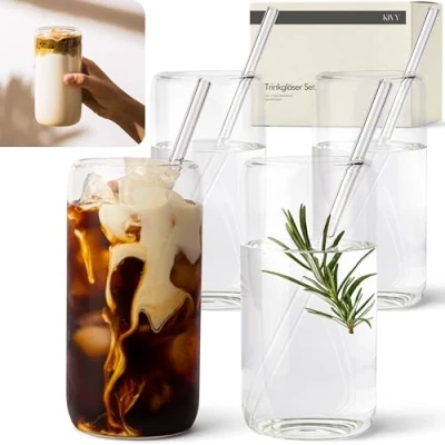 Abbildung von KIVY Trinkgläser Set mit Glas Strohhalm [4x 450ml] Für Eiskaffee, Wasser &amp; Cocktails Longdrinkgläser Eiskaffee Gläser Kaffeegläser Iced Coffee Matcha Kaffee