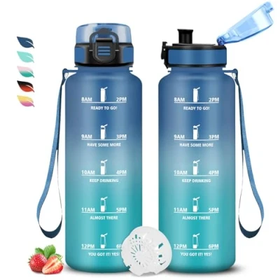 Abbildung von Trinkflasche 1.5 liter Sport, Auslaufsicher, mit Zeitmarkierung, Filter, Kohlensäure Geeignet, Leicht zu Reinigen, für Fitness, Schule, Gym