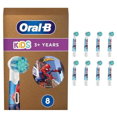 Abbildung von Oral B Kids Spiderman Aufsteckbürsten für elektrische Zahnbürste, extra weiche Borsten, Kinder ab 3 Jahren, briefkastenfähige Verpackung, 8 Stück