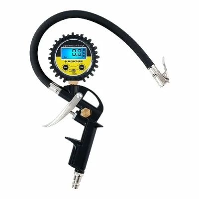 Abbildung von Dunlop Digitales Reifendruckprüfer Misst in PSI/BAR/KPA/KG Batteriebetrieben 30 CM Luftschlauch Passend für die meisten Luftkompressoren Auto, Fahhrad, Motorrad und LKW Schwarz