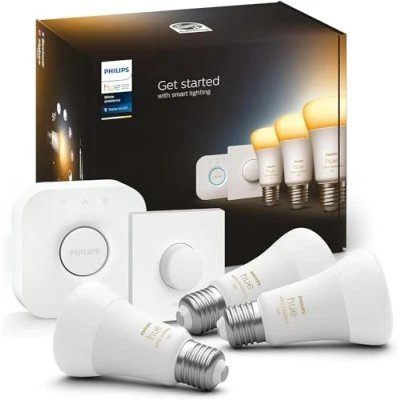 Abbildung von Philips Hue White Ambiance E27 3er Starter Set inkl. Smart Button 3x1100, dimmbar, alle Weißschattierungen, steuerbar via App, kompatibel mit Amazon Alexa (Echo, Echo Dot)