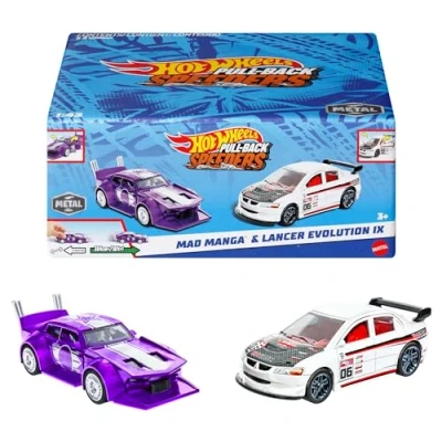 Abbildung von Hot Wheels Speeders Rückziehfahrzeuge im 2er Set für alle Untergründe geeignet, Maßstab 1:43, zum Sammeln, Kinder ab 3 Jahre,Modelle können variieren, HPR91