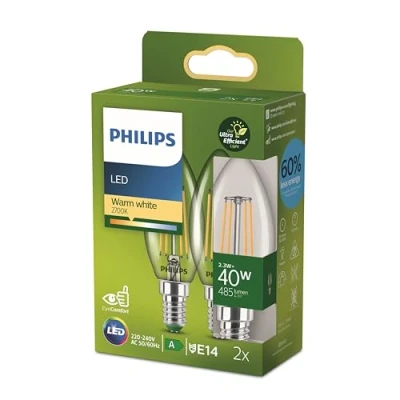 Abbildung von Philips Classic ultraeffiziente LED Lampe mit Energieeffizienzklasse A, ersetzt 40W, E14 Sockel, Kerze, klar, warmweißes Licht (2700K), 2er Pack, neue Generation