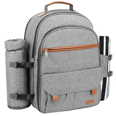 Abbildung von Sunflora Picknick Rucksack Set 4 Personen mit Isoliertem Kühlung und Decke, Picknickkorb für Camping Outdoor(Grau)