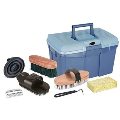 Abbildung von Kerbl Putzbox blau mit Inhalt (für Pferde, Pferdebürsten, Mähnenbürsten, Putzkiste Bürsten, Pferdepflege, Putzzeug blau) 321775