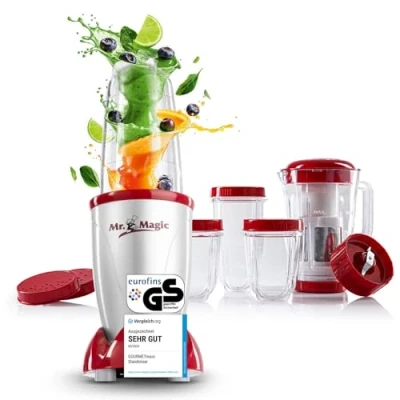 Abbildung von GOURMETmaxx Mr. Magic Mixer Smoothie Maker mit XXL Zubehörpaket Standmixer 18 tlg. Blender auslaufsicheren Frischhaltedeckeln Food Processor für Shakes, Smoothies etc.