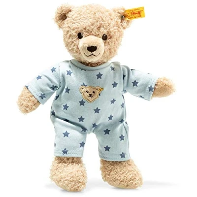 Abbildung von Steiff Teddy and Me Teddybär Junge Baby mit Schlafanzug 25 cm, blauem Schlafanzug, Kuscheltier für Babys, Plüschtier babysanfte Haut, waschmaschinenfest