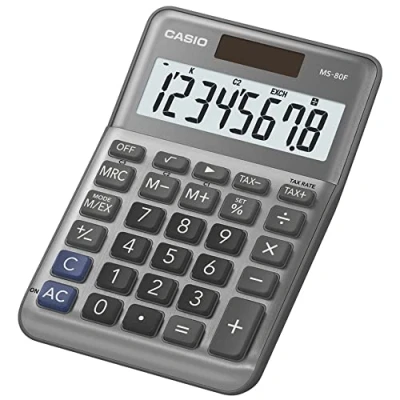 Abbildung von Casio Tischrechner MS 80F, 8 stellig, Steuerberechnung, Quadratwurzel, Aluminiumfront, Vorzeichenwechsel, Solar/Batteriebetrieb
