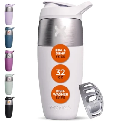 Abbildung von Promixx Pursuit Shaker Flasche einwandige Edelstahl Protein Bottle, super glatte Shakes, 950ml, Keramikweiß