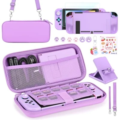 Abbildung von Younik Switch Zubehör Bundle, 17 in 1 Kit für Mädchen Enthalten Tasche, Verstellbarer Ständer, Schutzhülle Konsole &amp; J Con(Lila)