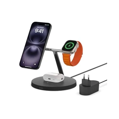Abbildung von Belkin drahtloses MagSafe 3 in 1 Ladegerät, Ladestation 15 W, schnelles Laden für das iPhone und die AppleWatch, der AirPods, 16, 15, 14, 13, Apple Watch, AirPods