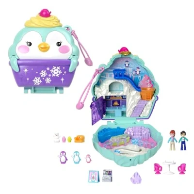 Abbildung von Fisher Price Polly Pocket Winterliche Pinguin Schatulle Spielset mit 2 Puppen, 12 Accessoires und 6 Elementen im Winter Wunderland, Schneemann Iglu Rutsche, für Kinder ab 4 Jahren, HRD34