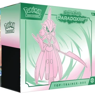 Abbildung von Pokémon Sammelkartenspiel: Top Trainer Box Karmesin &amp; Purpur Paradoxrift: Eisenkrieger (9 Boosterpacks, 1 holografische Vollbild Promokarte Premium Zubehör)