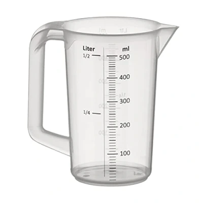 Abbildung von APS Messbecher 0,5 Liter, Ø 9,5 x H: 14 cm, Kunststoffbecher mit geprägter Maßskalierung außen, geschlossener Griff, ml Einteilung, spülmaschinengeeignet