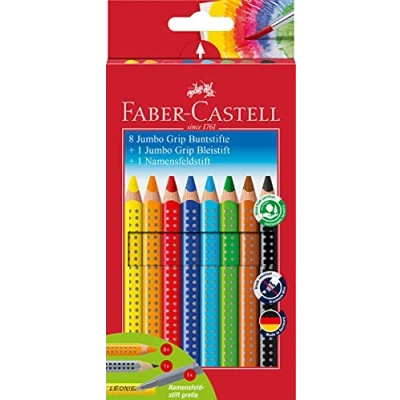 Abbildung von FABER CASTELL 280921 Jumbo Buntstifte Set Grip 8 teilig mit Bleistift und Namensfeldstift