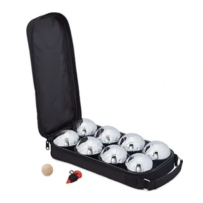 Abbildung von Relaxdays Lot de Pétanque Métalliques Boule, 8 Metall Kugeln, Set mit Zielkugel &amp; Abstandsmesser, Tragetasche, Boccia Spiel, Silber/schwarz, Nyon