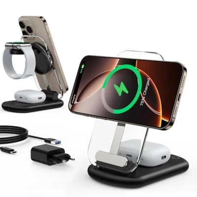 Abbildung von Induktive Ladestation,Mag Safe Ladegerät, 3 in 1 Mag Ladestation Kompatibel mit iPhone 16/15/14, 15W Wireless Charger faltbar einstellbar für Apple Watch10/9,Airpods 3/2/Pro,Tief Schwarz