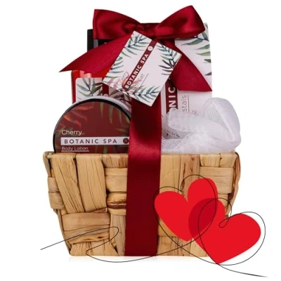 Abbildung von Accentra Badeset Frauen CHERRY SPA im Seegraskorb 4 teiliges Pflegeset mit Duschgel, Badesalz, Bodylotion &amp; Netzschwamm Wellness Geschenkset zum Geburtstag, Valentinstag Weihnachten