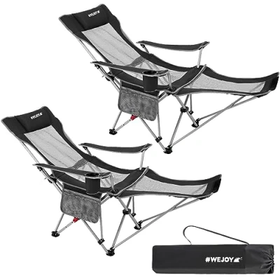 Abbildung von #WEJOY 2 in 1 Campingstuhl Faltbar, Strandstuhl mit Verstellbarer Rückenlehne &amp; Fußstütze Campingstühle für Erwachsene Wattepad Kissen Getränkehalter Armlehnentaschen Schwarz/Grau 2er Set