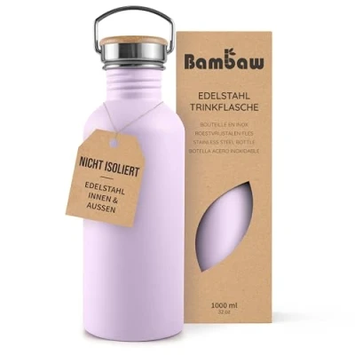 Abbildung von Bambaw Edelstahl Trinkflasche 1l, Nicht isolierte Lila, Leicht, Stahlflasche 1l Metall Fliederlila