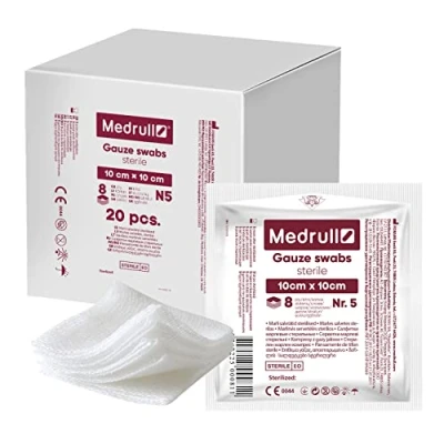 Abbildung von Medrull Mulltupfer Steril 10 x cm Nicht klebende Wundauflagen Extra saugfähig 8 lagig Verpackt 5 Stück 20 Papierbeuteln (100 Stück)