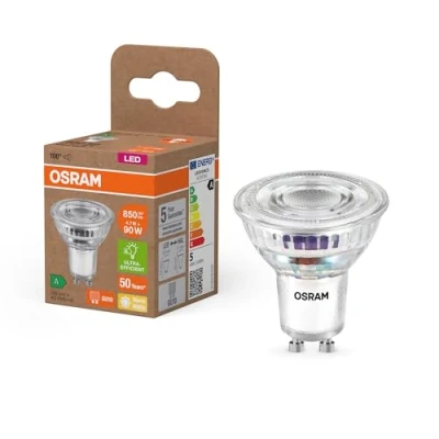 Abbildung von Osram Energy Class LED Reflektor Lampe PAR16 mit 4.7 W, 850 lm, warmweiß (2700 K) aus klarem bleifreiem Glas GU10 Sockel in der Energieeffizienzklasse A, 50 mm Durchmesser, IP20.