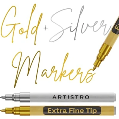 Abbildung von Artistro 2 Gold &amp; Silver Acrylic Paint Pens for Rock Ceramic Wood Glass Metal Fabric Plastic 0.7mm Metallic Markers Ideal Scrapbooking DIY Crafts Art Projects