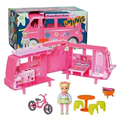 Abbildung von BABY born, Puppenfahrzeug, aufklappbarer Wohnwagen Campervan, Wohnmobil, für born Minis Puppen mit 6 Zubehörteilen und Puppe, 906095, Zapf Creation