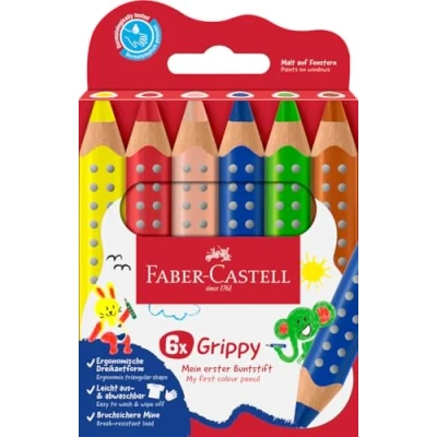 Abbildung von Faber Castell 110630 Set Grippy, 6 Jumbo Buntstifte für Kleinkinder, leicht abwaschbare Malstifte Kinder, ergonomische dreieckige Form, dicke Buntstifte, 10mm Mine