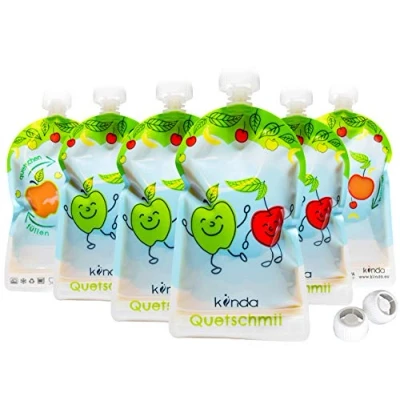 Abbildung von Quetschbeutel wiederverwendbar 6er Pack BPA frei einfach zu befüllen &amp; reinigen ideal für Smoothie, Fruchtmus, Baby Brei, Joghurt Gefrierschrank Geschirrspüler geeignet (175 ml)