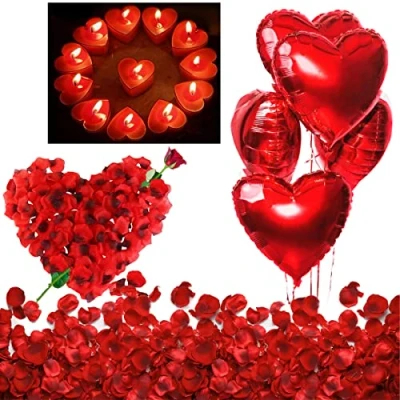 Abbildung von Romantische Kerzen Rote Teelichter und Rosenblätter, Romantisch Deko Set, Herzform, Seide Rosenblüten, Herzförmige Folienballons