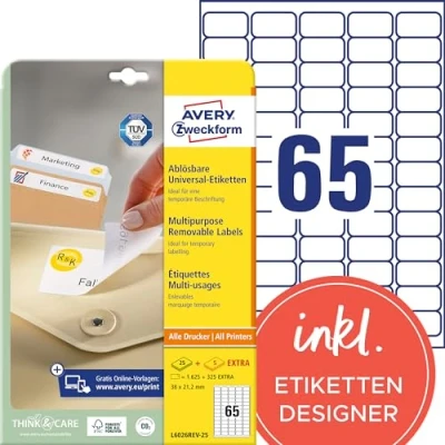 Abbildung von AVERY Zweckform L6026REV 25 Universal Etiketten (1.625 plus 325 Klebeetiketten extra, 38,1x21,2mm auf A4, wieder rückstandsfrei ablösbar/abziehbar, bedruckbar, selbstklebende Aufkleber) 30 Blatt, weiß