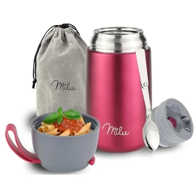 Abbildung von Milu® Thermobehälter 450, 650ml, 800ml Edelstahl Warmhaltebehälter Essensbehälter Speisegefäß Babynahrung Essen warmhalten Behälter Thermo Lunchbox Müsli to go Rosa,