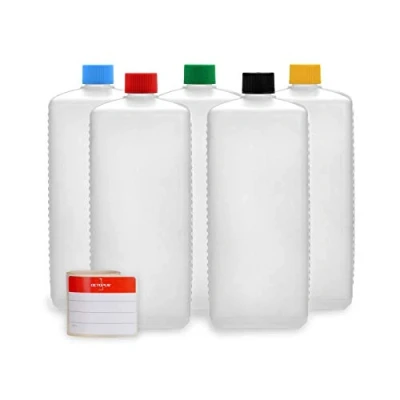 Abbildung von Octopus 5X 1000 ml Kunststoffflaschen, HDPE Plastikflaschen mit bunten Schraubverschlüssen, Leerflaschen farbigen Schraubdeckeln, Vierkantflaschen inkl. Beschriftungsetiketten