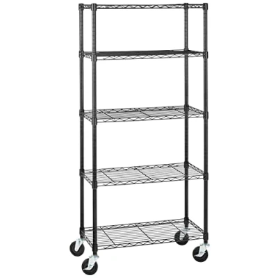 Abbildung von Amazon Basics Lagereinheit mit 5 Regalböden, auf 10,2 cm großen Rollen, höhenverstellbaren Einlegeböden und Nivellierfüßen, Maximalgewicht 680 kg, Schwarz, 35.6 x 76.2 162.2 (T B H)