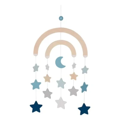 Abbildung von Baby Mobile, Sterne und Mond, Natur hellblau pastellfarben, Lifestyle Azur, klassisches Holzspielzeug für das