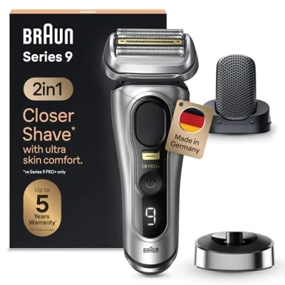 Abbildung von Braun Series 9 Pro+ Rasierer Herren Elektrisch, Elektrorasierer mit 5 Pro Rasierelementen, ProComfort Aufsatz, 2 in 1 System, Ladestation, 60 Min Laufzeit, Made Germany, 9557s, Silber