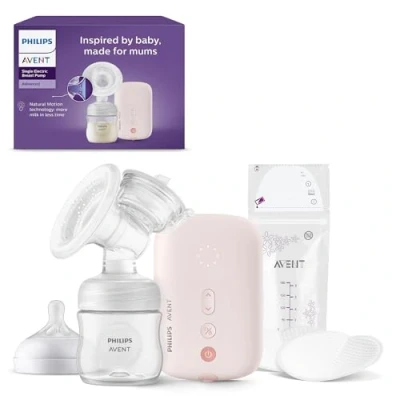 Abbildung von Philips Avent Elektrische Einzelmilchpumpe, in Klinikqualität, Trinkrhythmus wie Ihr Baby, 125 ml Flasche und Stilleinlagen, Modell SCF395/31